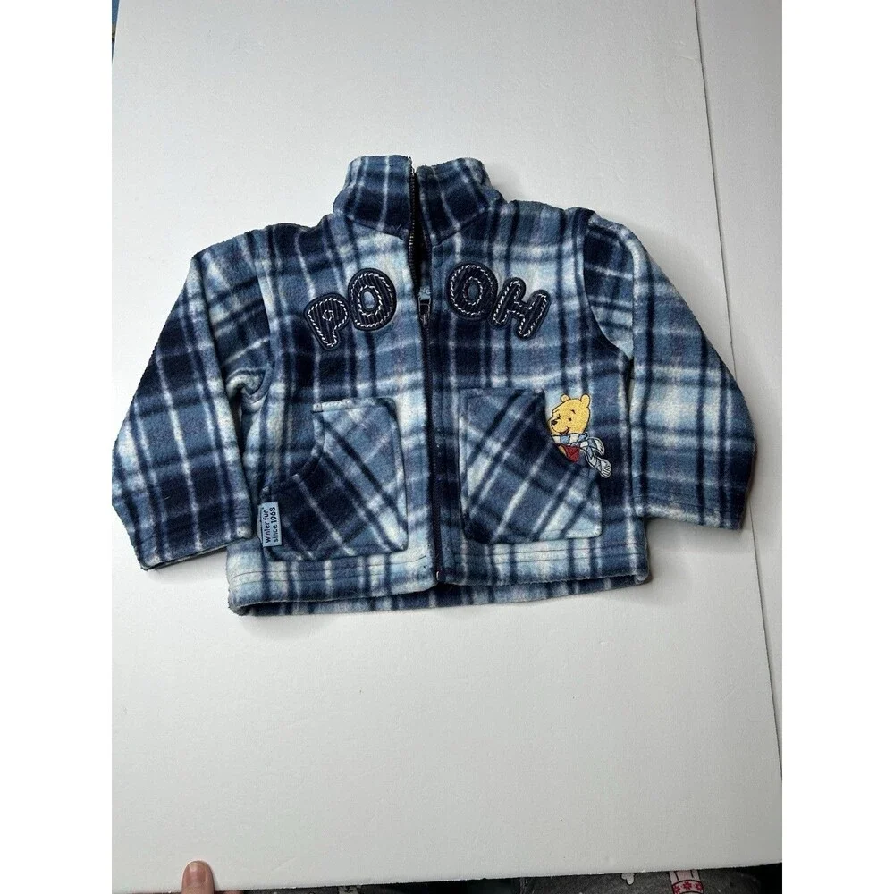 Vintage y2k Winnie the Pooh Disney Blue White fleece plaid zip up jacket 18M